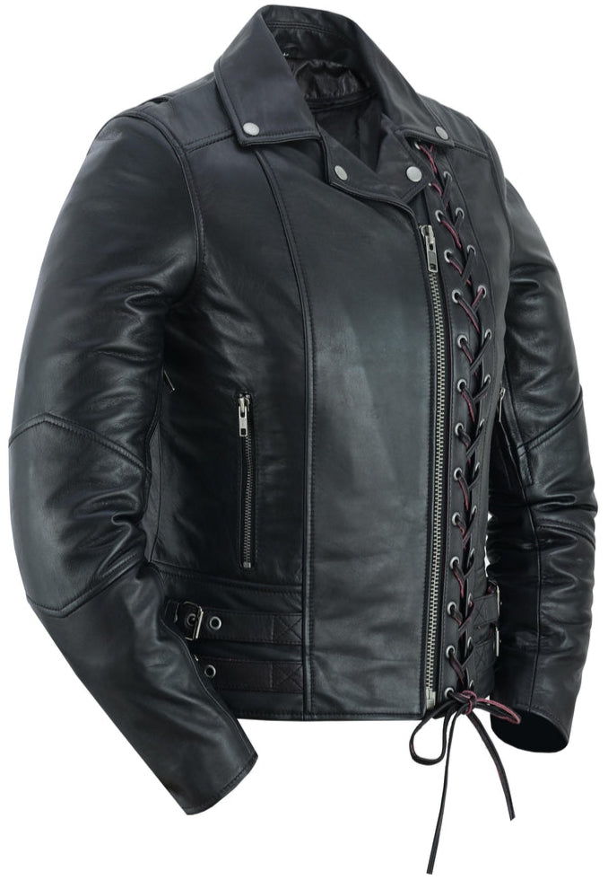 Black Pearl Women's Fashion Leather Jacket with Front Lace Accent-Women's Motorcycle Jackets-Daniel Smart Mfg - Retail